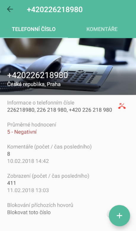 Detail telefónneho čísla