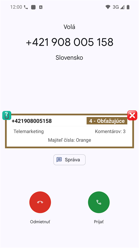 Oznámenie o prichádzajúcom hovore (stredná pozícia)
