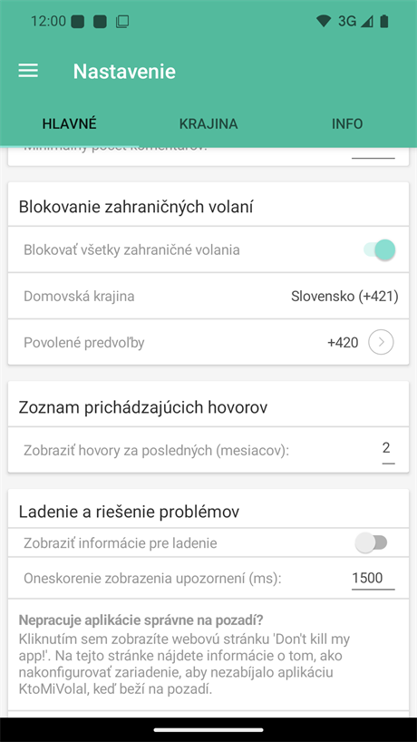 Nastavenie blokovania zahraničných volaní a zoznamu prichádzajúcich hovorov