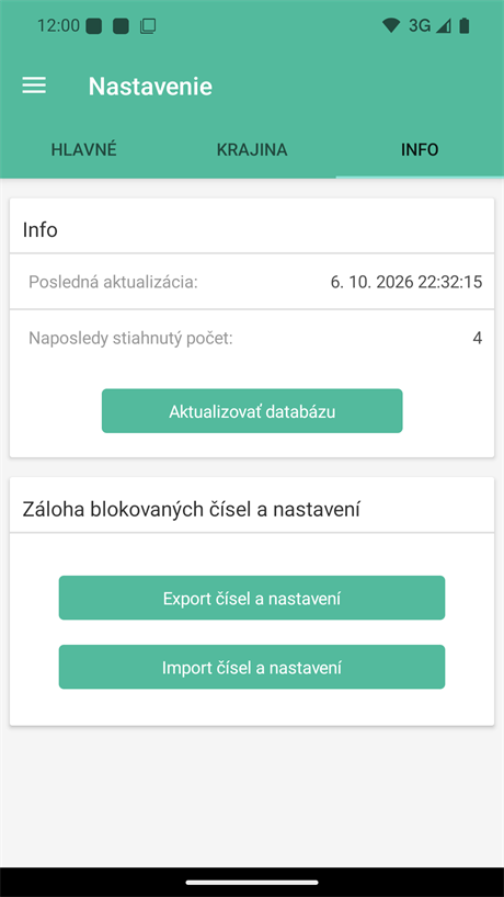 Informácie o databáze a záloha blokovaných čísel a nastavení