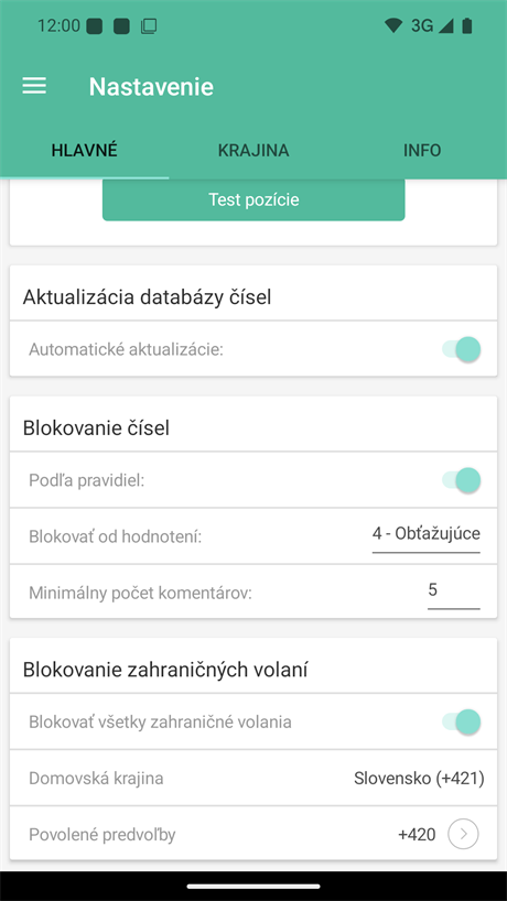 Nastavenie aktualizácií databázy a blokovania telefónnych čísel