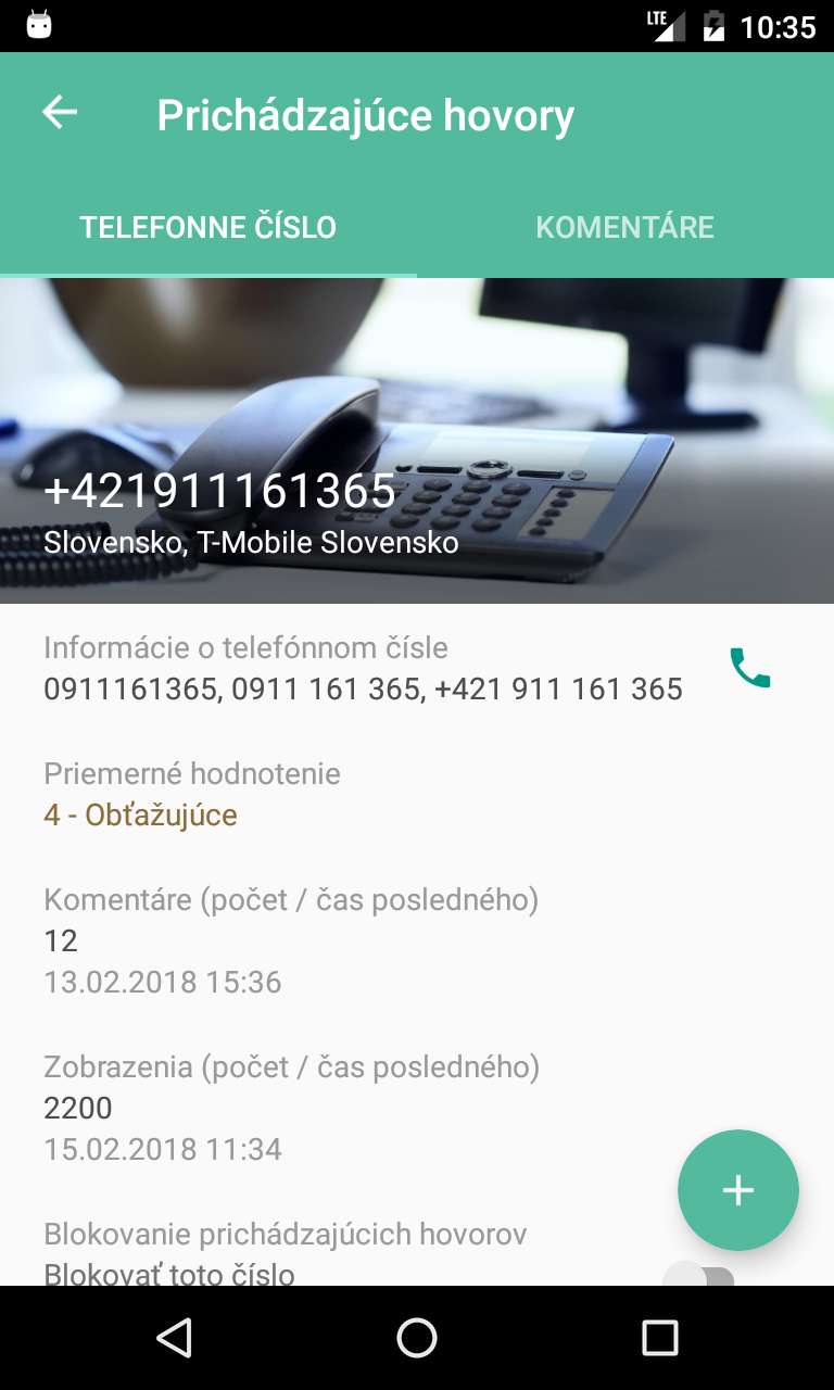 Detail telefónneho čísla