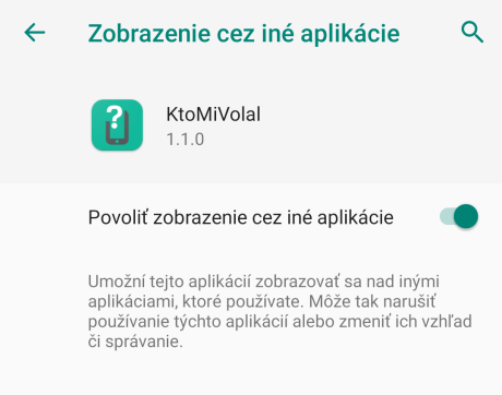 Povolenie zobrazenia pres ine aplikácie